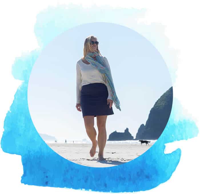 Women walking on beach.